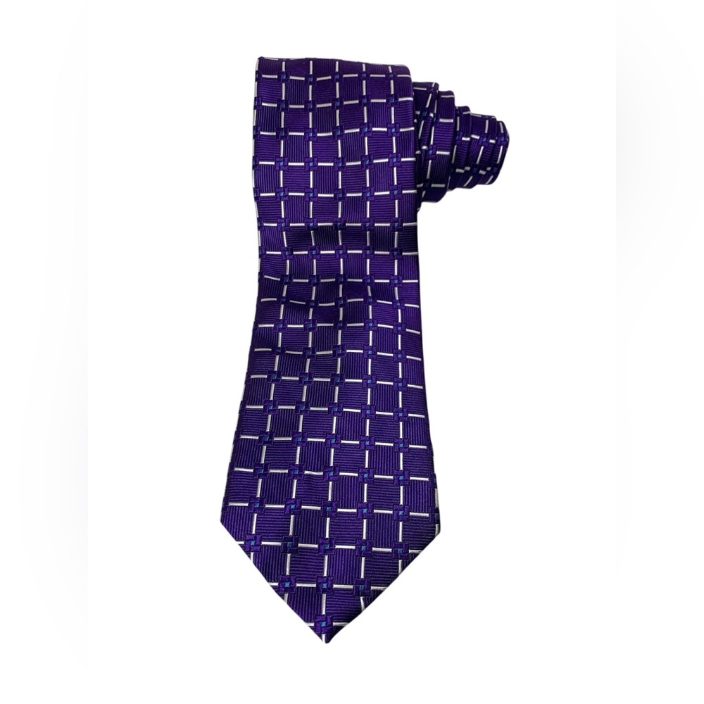JOS A BANK Tie 100% Silk, Purple Geometric Pattern 3.5" W x 58" L